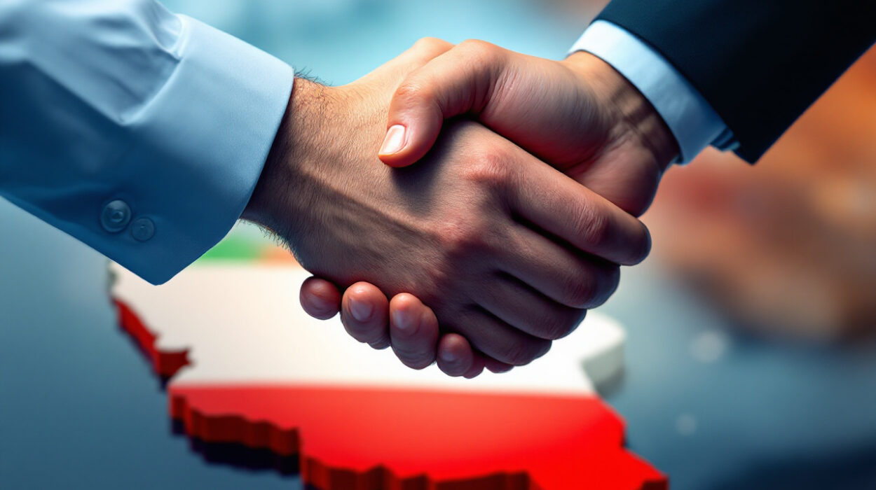 Stylized professional illustration of two hands shaking firmly over a clean, modern map