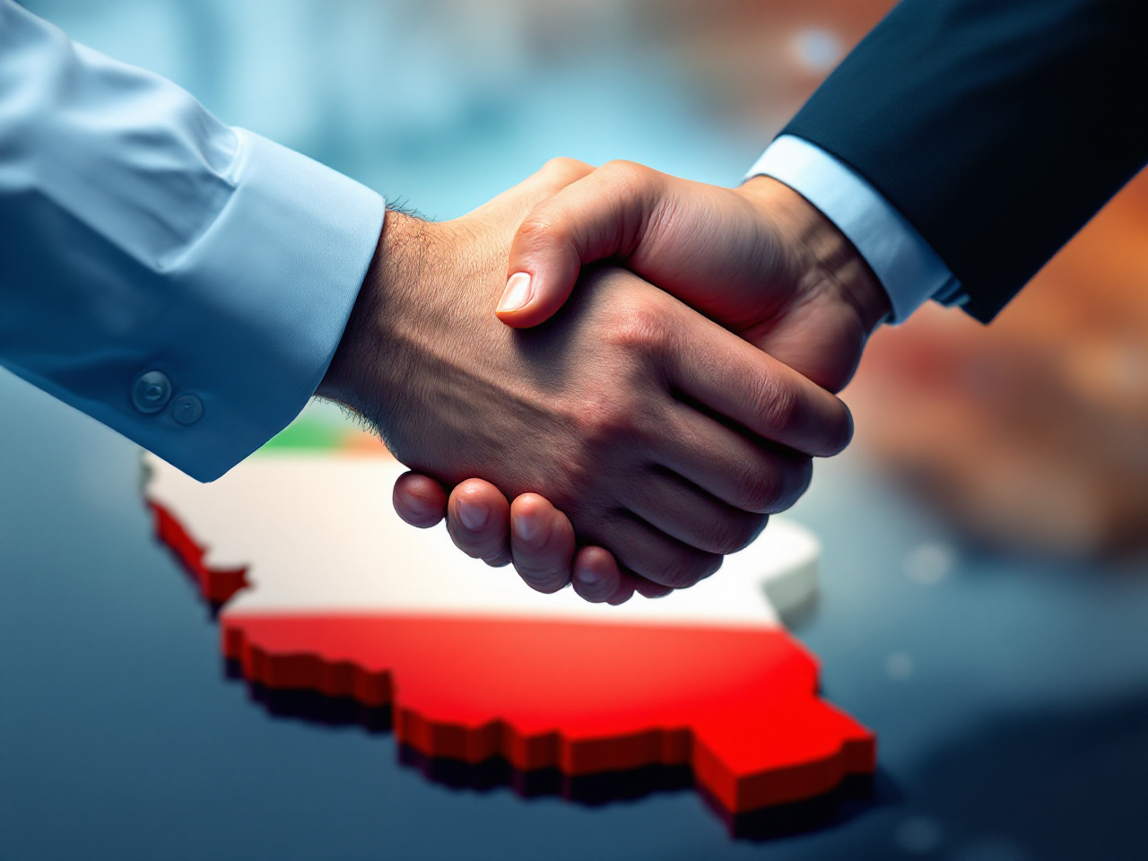Stylized professional illustration of two hands shaking firmly over a clean, modern map