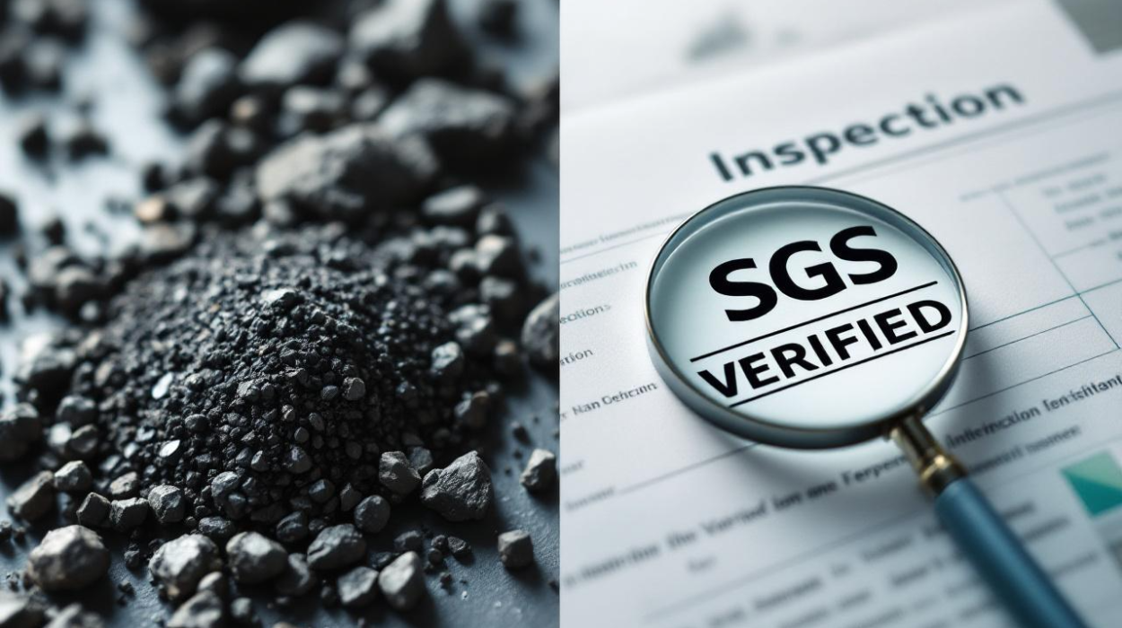 Image depicting SGS verification for Kaolin.om's Iron Ore Concentrate, showing the product and a quality inspection document.